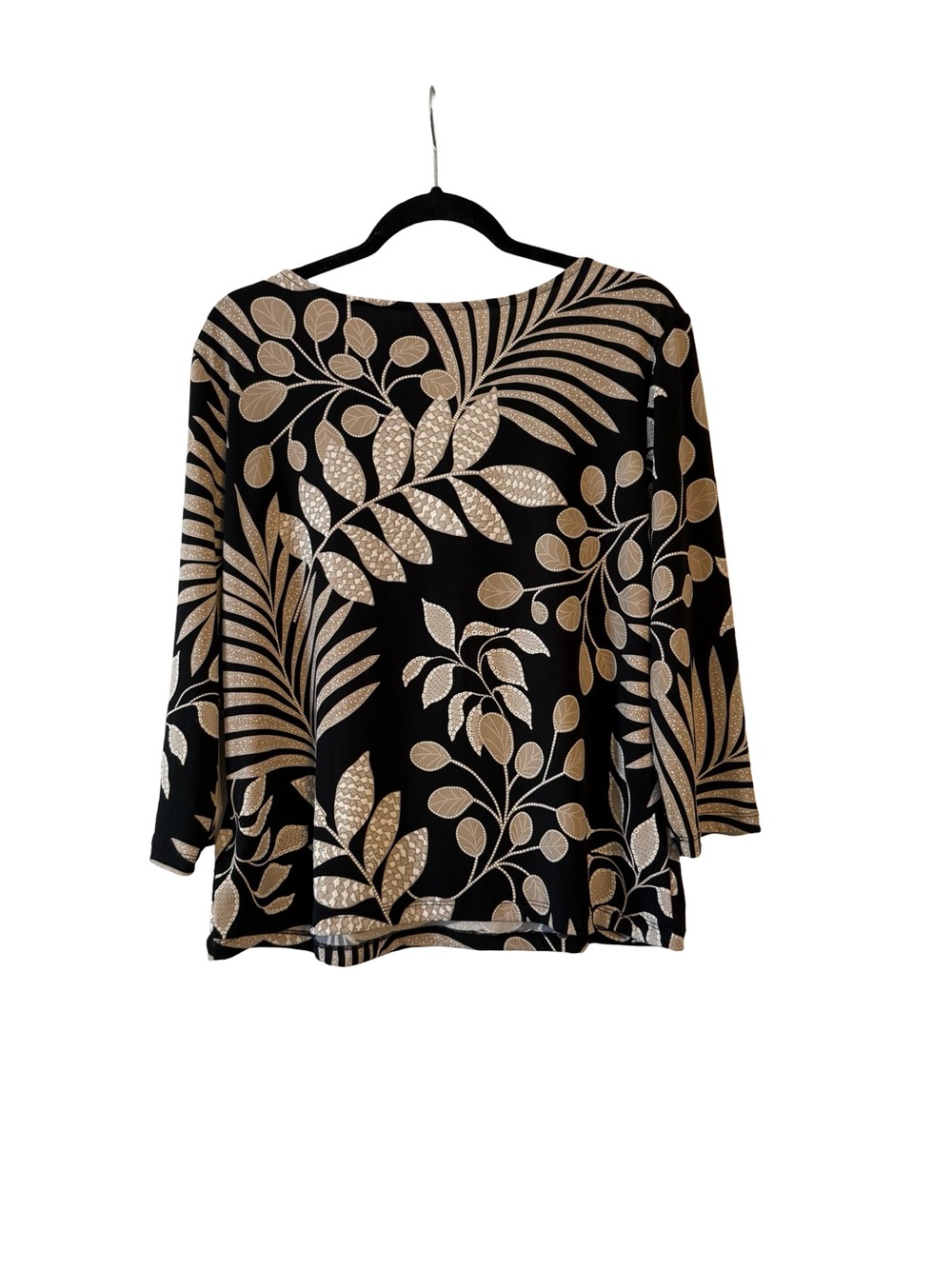 Ruby Rd. Black and Beige Tropical-Leaf Scoop Neck Long Sleeve Top - Picture 2 of 4